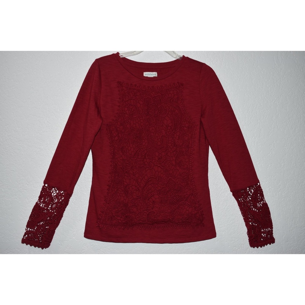 Sundance Top S Burgundy Red Knit Embroidered Lace Long‎ Sleeve Boho Pullover